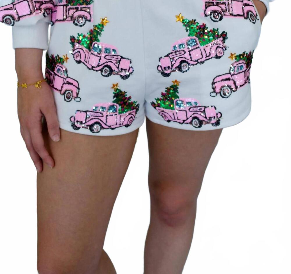 NEW QUEEN OF SPARKLES women's trucks with christmas trees shorts in white
